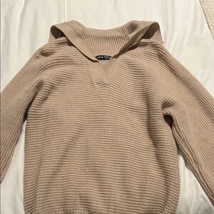 SHEIN Tan V-Neck Sweater with Ribbed Knit and Long Sleeves